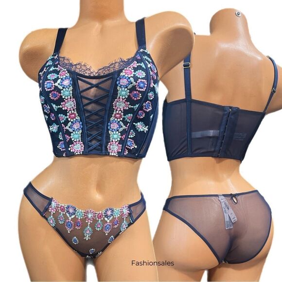 Victorias Secret Dream Angels Lace-up Embroidered Corset Top Bra Cheekini Panty - Picture 1 of 4